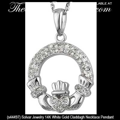 Solvar Jewelry 14K White Gold Claddagh Necklace Pendant with Diamonds.