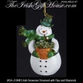 Irish Snowman Christmas Tree Ornament with Derby Hat, Pipe and Pot of Shamrocks 