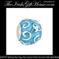 Solvar Irish Jewelry Silver Aqua Blue Enamel Trinity Knot and Celtic Spiral Charm Bead  